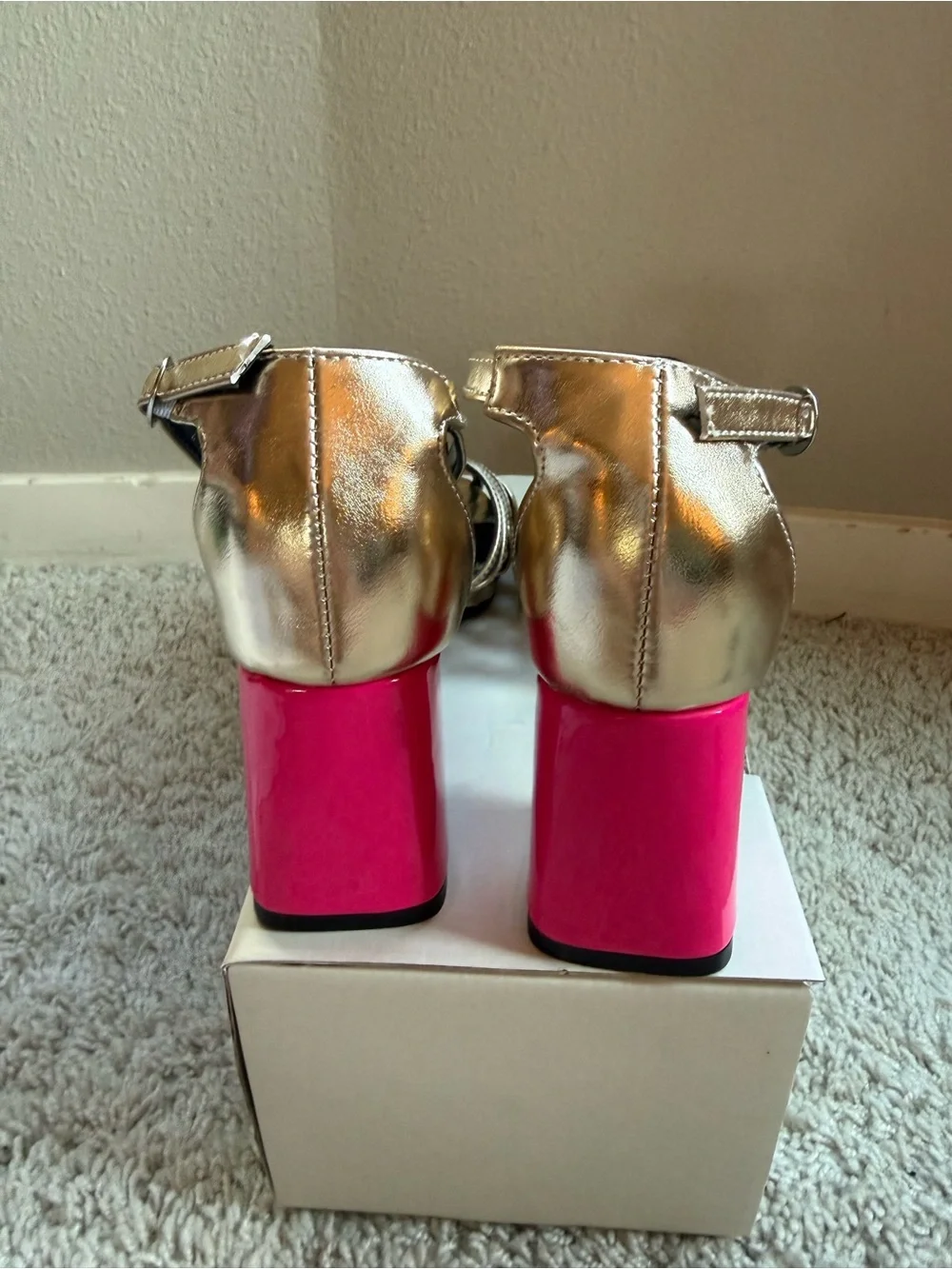 Metallic Gold Strappy Heels with Pink Block Heel - Women